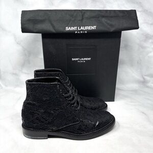 Saint Laurent Lolita Floral Lace Leather Ankle Booties Boots Black Gothic Grunge